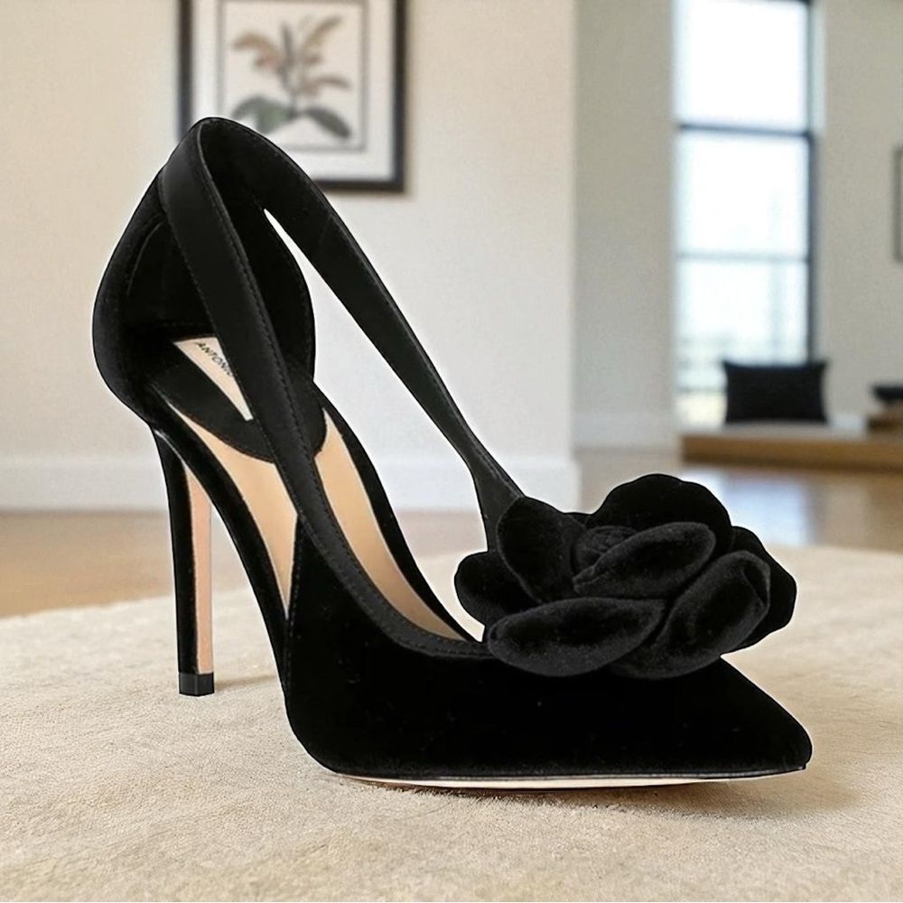 ANTONIO MELANI ESTER Black Velvet Heels with Flower Detail